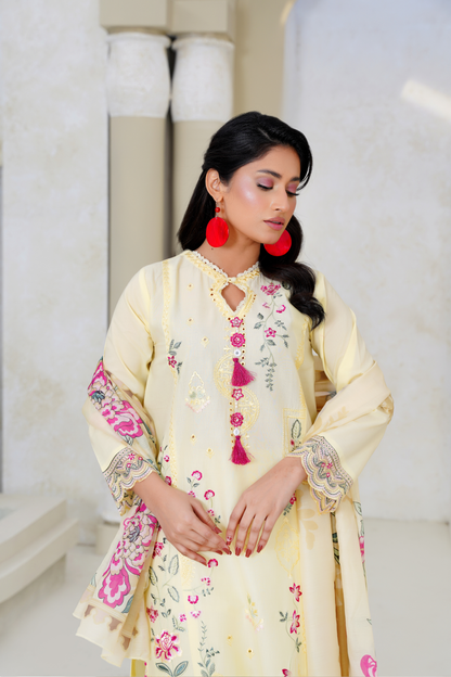Embroidered Lawn 3 Piece Suit with Printed Dupatta – Pastel Yellow