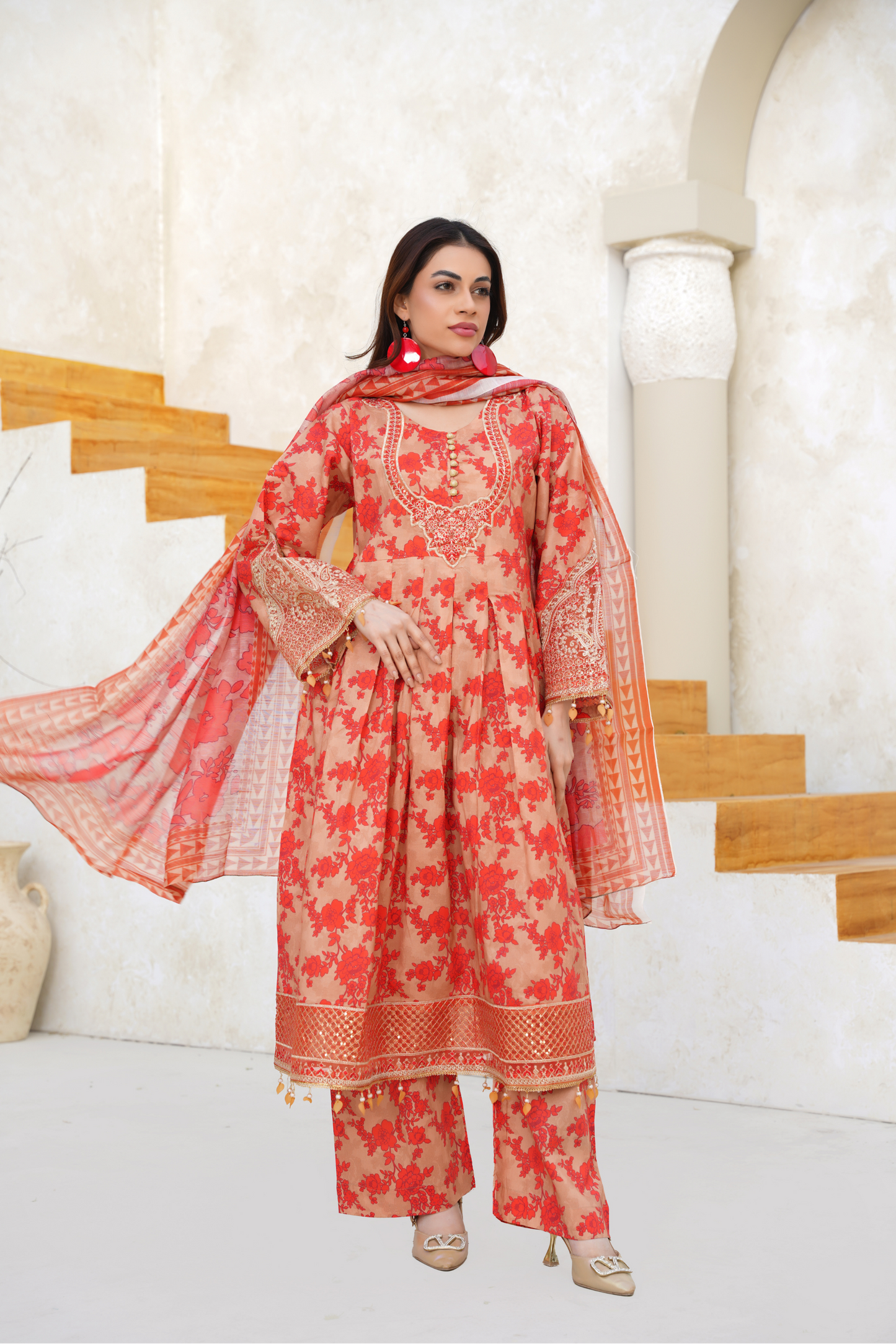 Printed Lawn 3 Piece Summer Suit with Embroidered Neckline & Dupatta | Festive Summer Wear