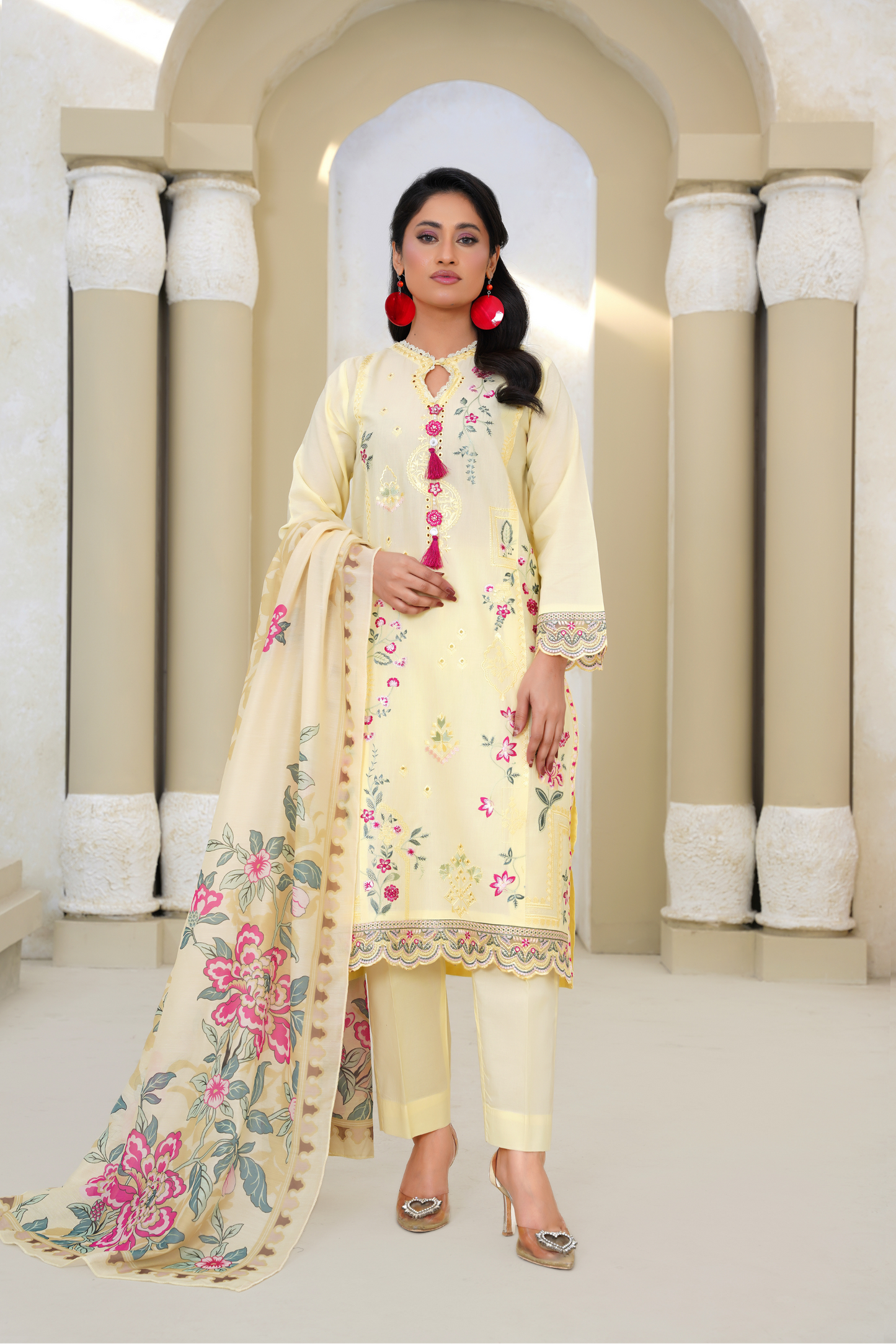 Embroidered Lawn 3 Piece Suit with Printed Dupatta – Pastel Yellow