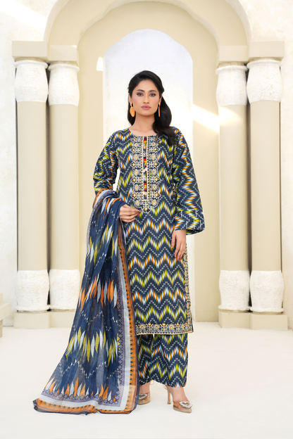 Printed Lawn 3 Piece Suit with Embroidered Neckline & Printed Dupatta – Navy Blue