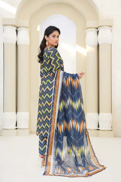 Printed Lawn 3 Piece Suit with Embroidered Neckline & Printed Dupatta – Navy Blue
