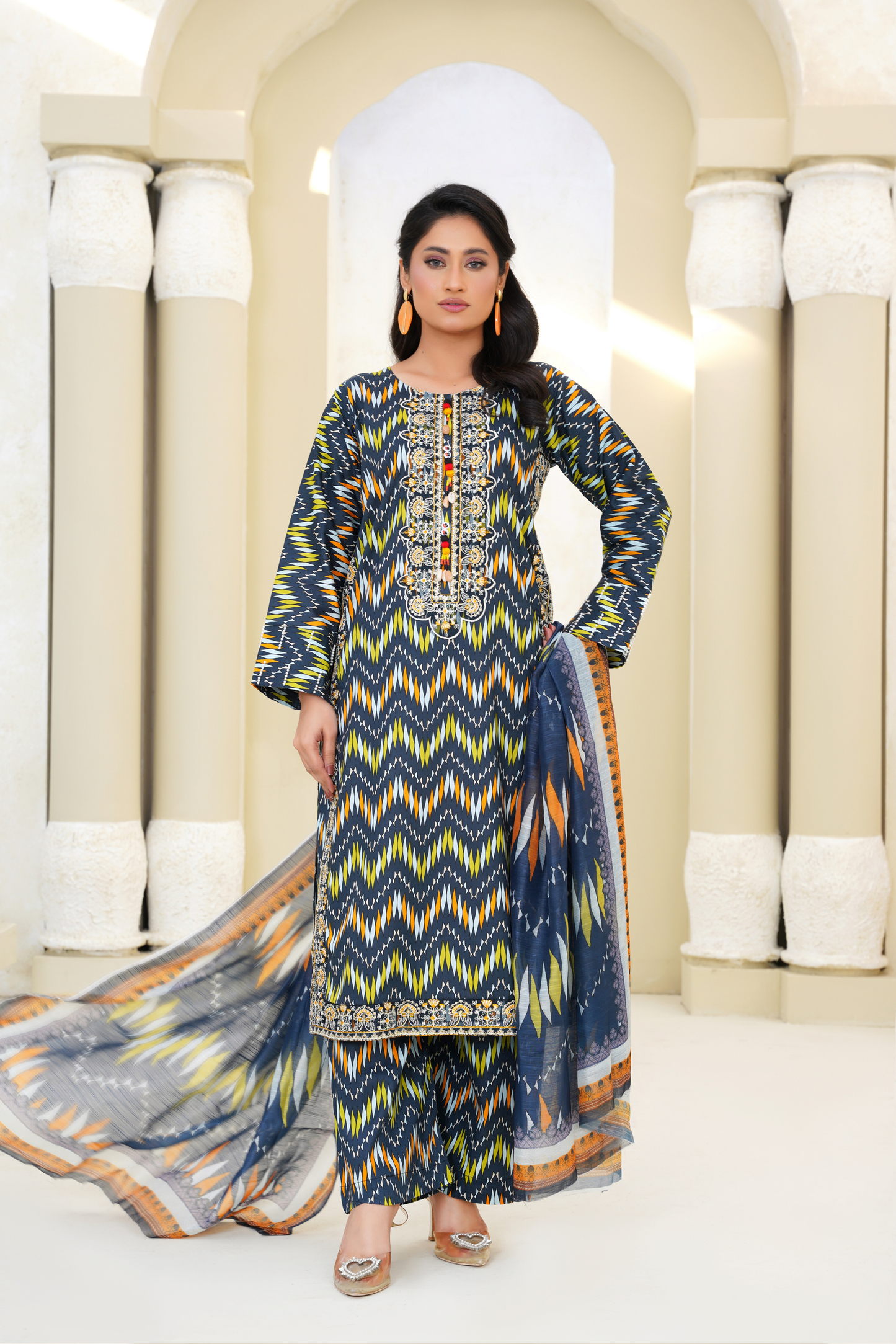 Printed Lawn 3 Piece Suit with Embroidered Neckline & Printed Dupatta – Navy Blue