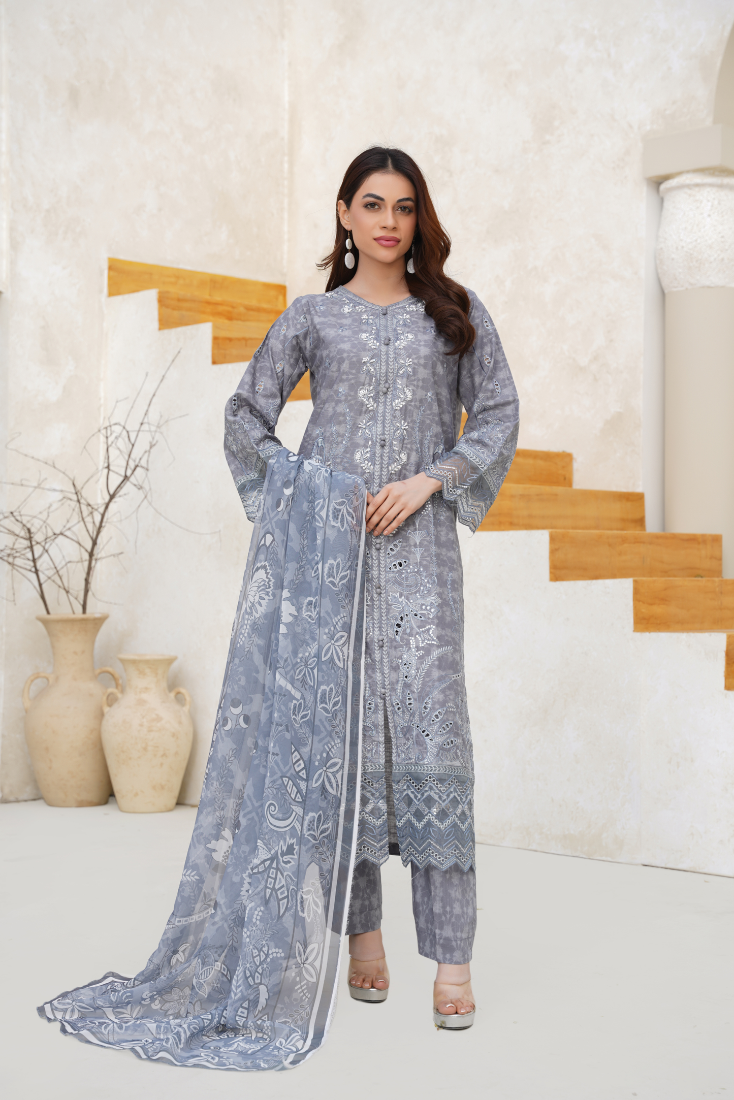 Embroidered Lawn 3 Piece Summer Suit with Printed Dupatta | Elegant Summer Wear