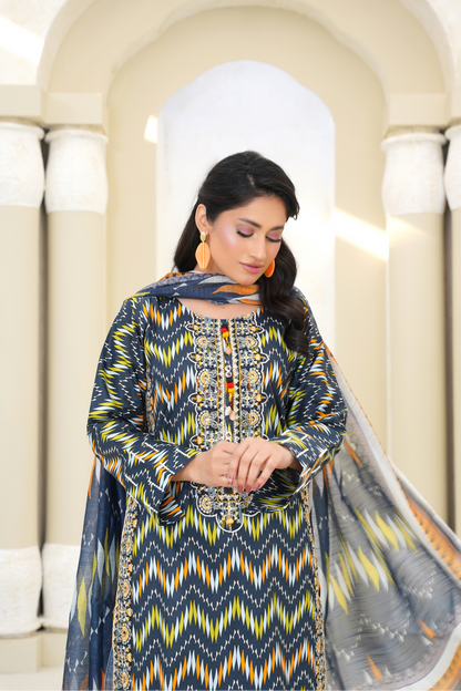 Printed Lawn 3 Piece Suit with Embroidered Neckline & Printed Dupatta – Navy Blue