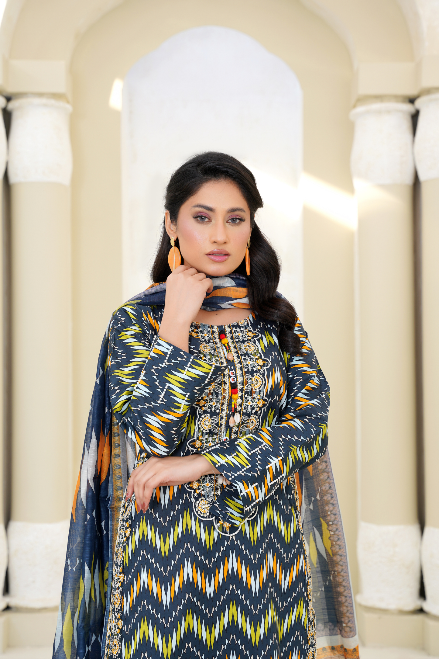 Printed Lawn 3 Piece Suit with Embroidered Neckline & Printed Dupatta – Navy Blue