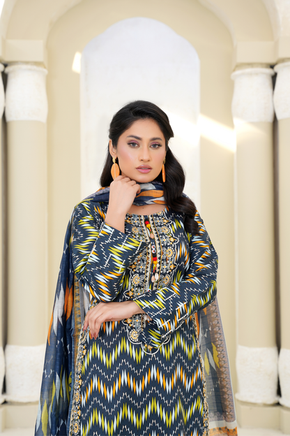 Printed Lawn 3 Piece Suit with Embroidered Neckline & Printed Dupatta – Navy Blue