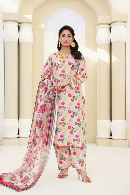 Memonaas Beige Floral Lawn 3 Piece Suit with Chiffon Dupatta – Summer Collection
