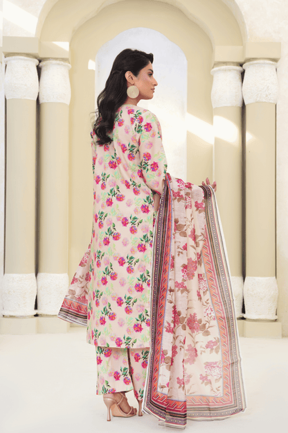 Memonaas Beige Floral Lawn 3 Piece Suit with Chiffon Dupatta – Summer Collection