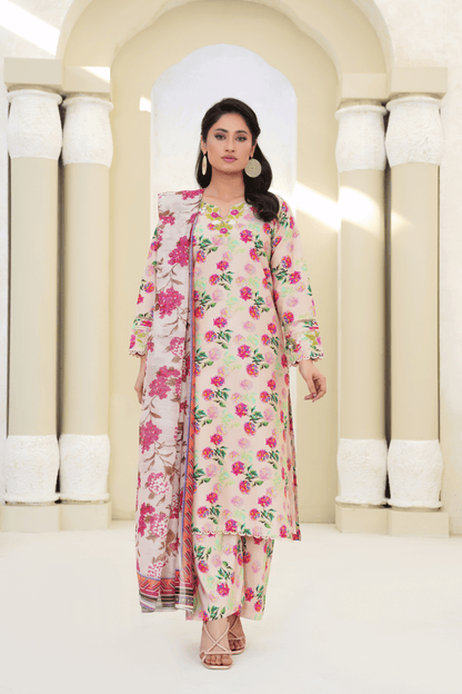 Memonaas Beige Floral Lawn 3 Piece Suit with Chiffon Dupatta – Summer Collection