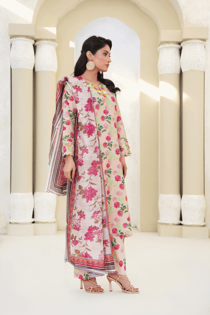 Memonaas Beige Floral Lawn 3 Piece Suit with Chiffon Dupatta – Summer Collection