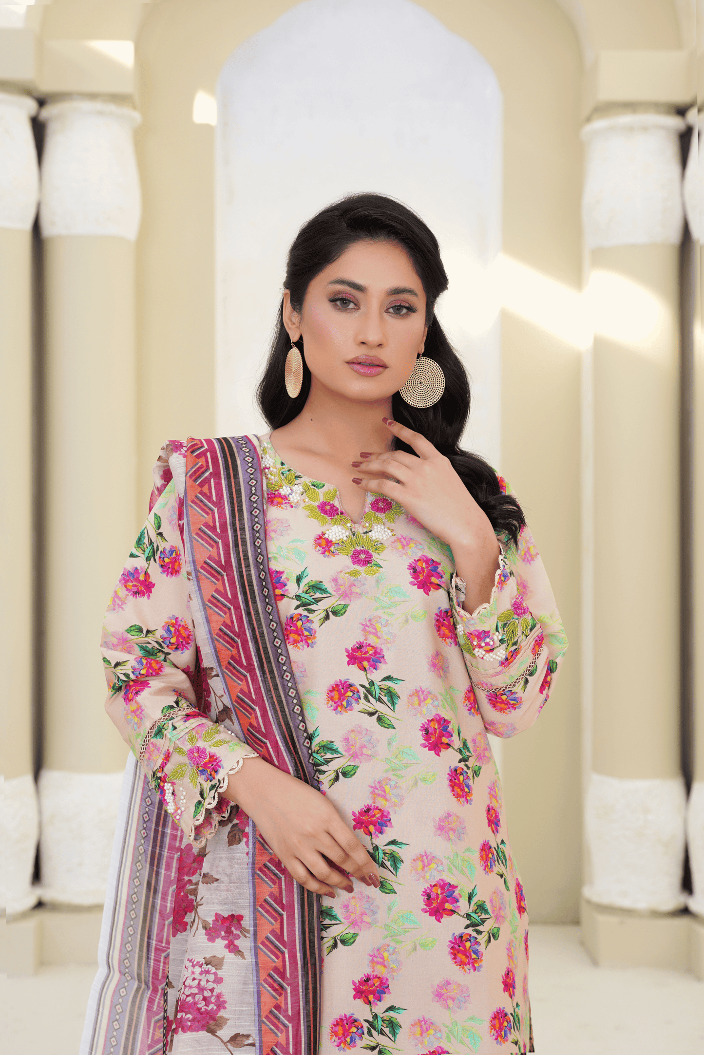 Memonaas Beige Floral Lawn 3 Piece Suit with Chiffon Dupatta – Summer Collection