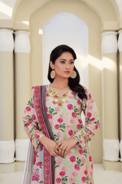 Memonaas Beige Floral Lawn 3 Piece Suit with Chiffon Dupatta – Summer Collection