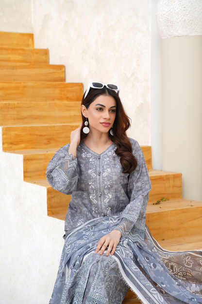 Embroidered Lawn 3 Piece Summer Suit with Printed Dupatta | Elegant Summer Wear