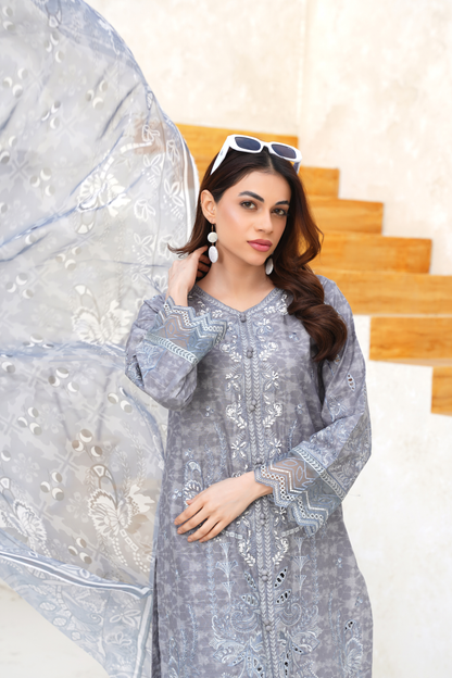 Embroidered Lawn 3 Piece Summer Suit with Printed Dupatta | Elegant Summer Wear